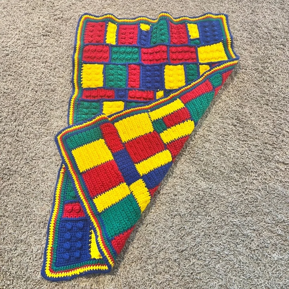 Handmade Crochet Building Block Baby Blanket Primary Colors Bobble Stitch Throw